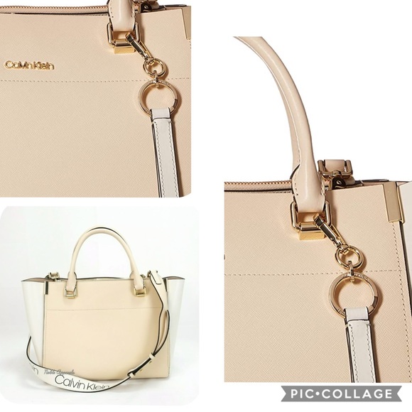 NWT CALVIN KLEIN Leather Bag Raelynn Beige Satchel - Picture 3 of 7